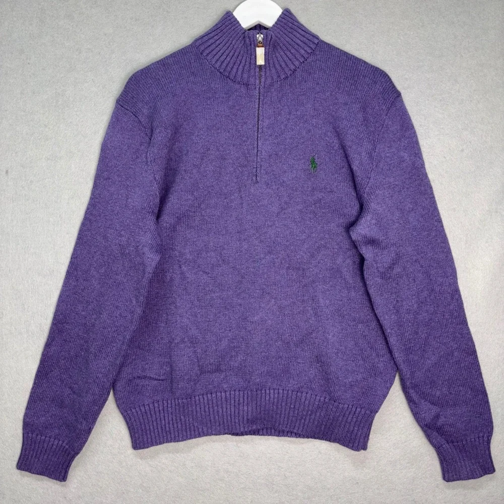 Polo‎ Ralph Lauren Sweater Mens Medium Purple Cotton 1/4 Zip Mock Neck Pullover